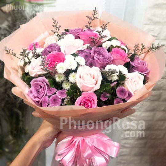 Hoa Sinh nhật Hoa Hồng kết hợp Cúc Calimero trắng/tím