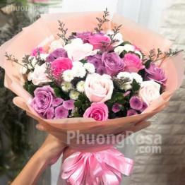 Hoa Sinh nhật Hoa Hồng kết hợp Cúc Calimero trắng/tím